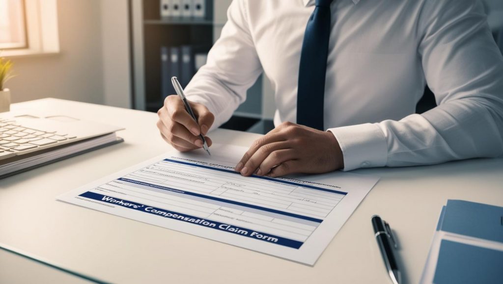 manager showing an employee how to fill out a workers compensation form