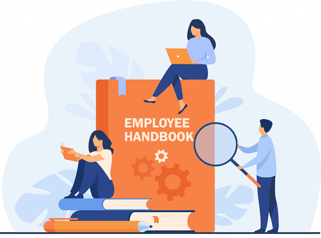 concept graphic illustration of three people surrounding a copy of an employee handbook and them looking for answers - one with a computer, one with a printed paper and one with a magnifying glass.