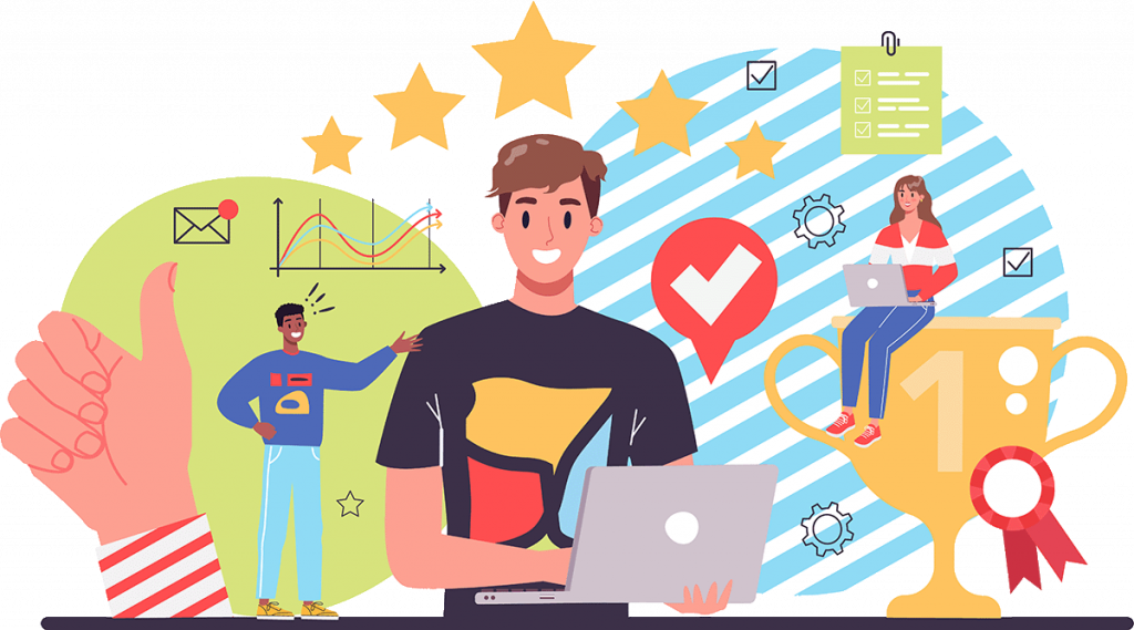 Concept graphic illustration showing happy employees and the types of environments that make them want to stay with an organization, such as positive working surrounding, recognition, and positive feedback.