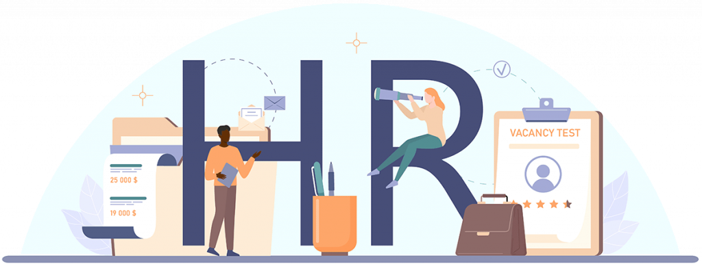 Concept graphic illustration of Human Resources professionals and some of the types of tasks they do, all with the backdrop of a giant "HR" letters behind them.