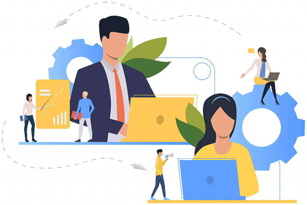 concept graphic illustration of managers being productive in an office environment.