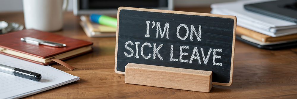 photo illustration of a sign on a desk saying "I'm on Sick Leave."