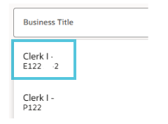 Step 7: When choosing a Business Title, choose your active position within the County.  If there are multiple options, one may have an E (employee designation) before the employee number the other may have a P (pending designation) before the employee number.  You will want to choose the position that has the E designation.  If you need help determining the right choice, call HR at ext. 4181.